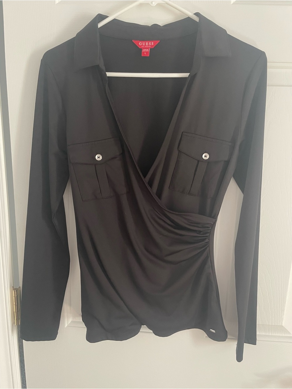 GUESS Black Surplice Button-Front Long Sleeve Top